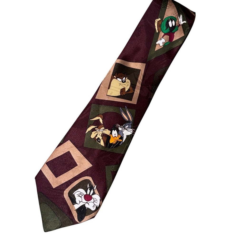 Looney Tunes Necktie OS‎ Burgundy Vintage 1993 Warner Bros Character Print Tie
